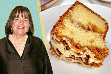 Ina Garten and a layered cake slice on a plate