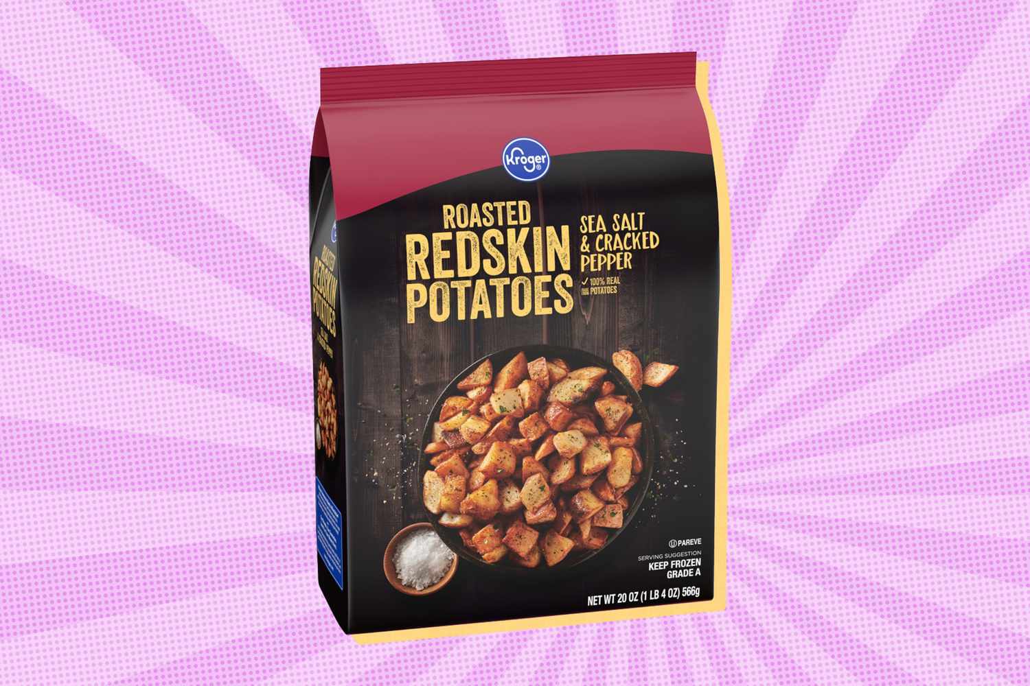 Package of Kroger Roasted Redskin Potatoes with sea salt and cracked pepper on a pink patterned background