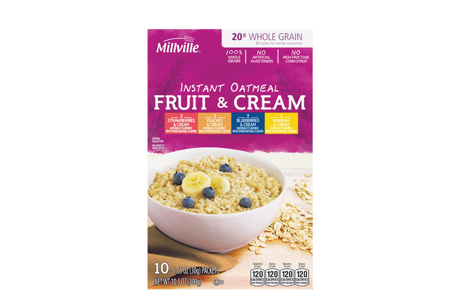 A box of Millville instant fruit and cream oatmeal. The box contains four flavors: strawberries and cream, peaches and cream, blueberries and cream, and bananas and cream