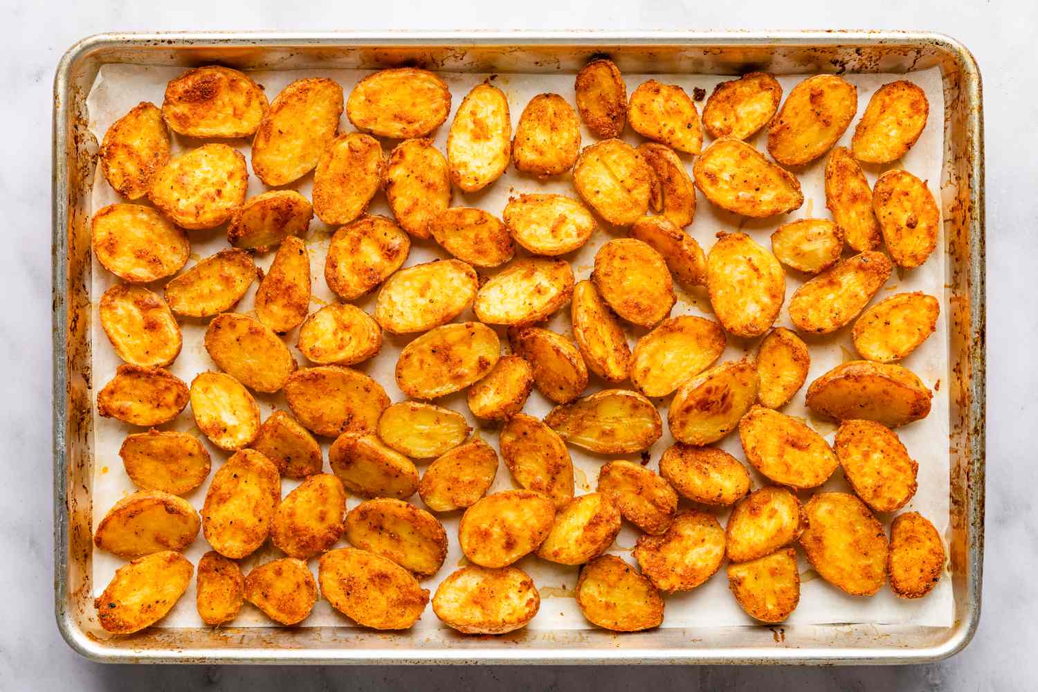 baked bang bang potatoes on a sheet pan 