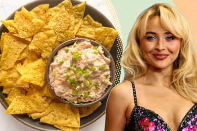 Sabrina Carpenter next to a tray of chips and a bowl of dip