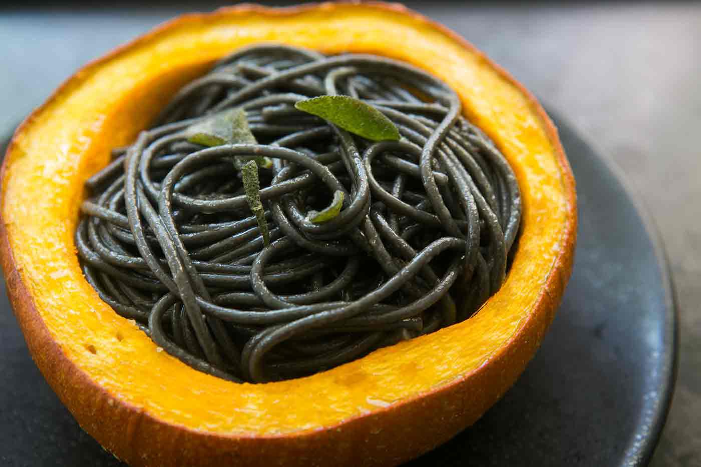 Squid Ink Pasta with Pumpkin in Browned Butter Sage Sauce