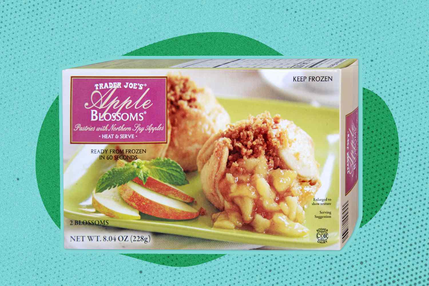Package of Trader Joe's frozen Apple Blossoms on a green and blue speckled background