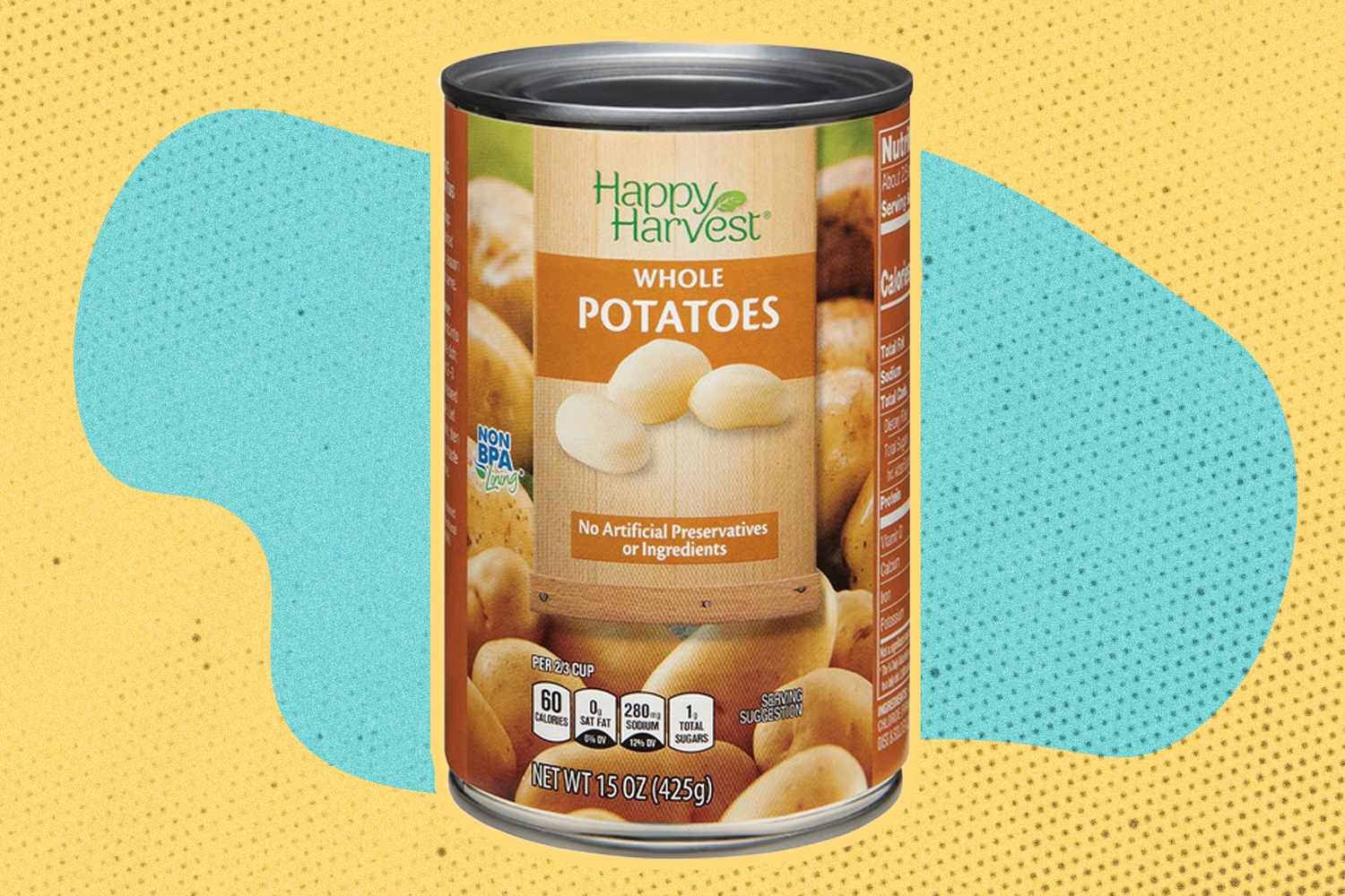 canned ptoatoes over a colorful background