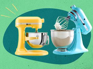 tilt-head and bowl lift KitchenAid mixer cut outs on a blue and green illustrated background