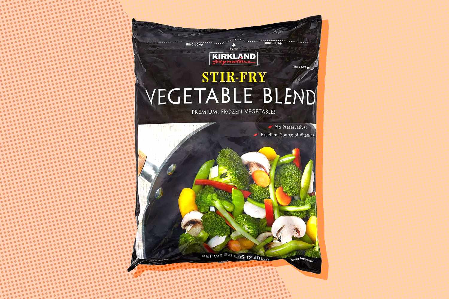 Bag of Kirkland Signature StirFry Vegetable Blend frozen mixed vegetables