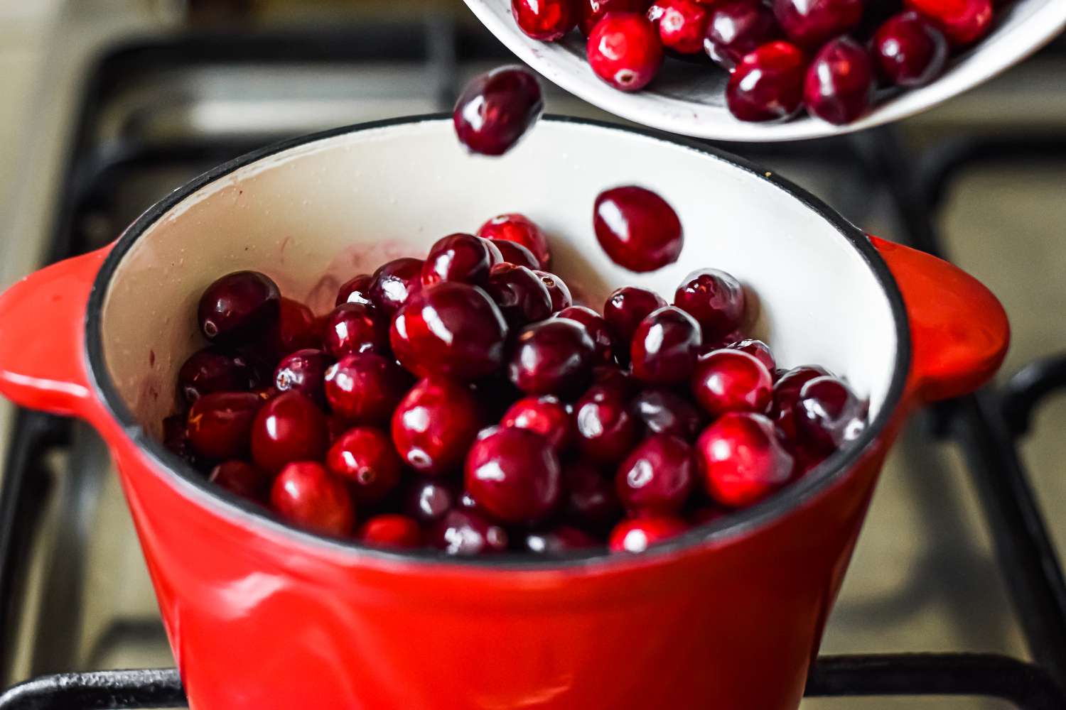 Fresh cranberries being poured into a Dutch oven 
