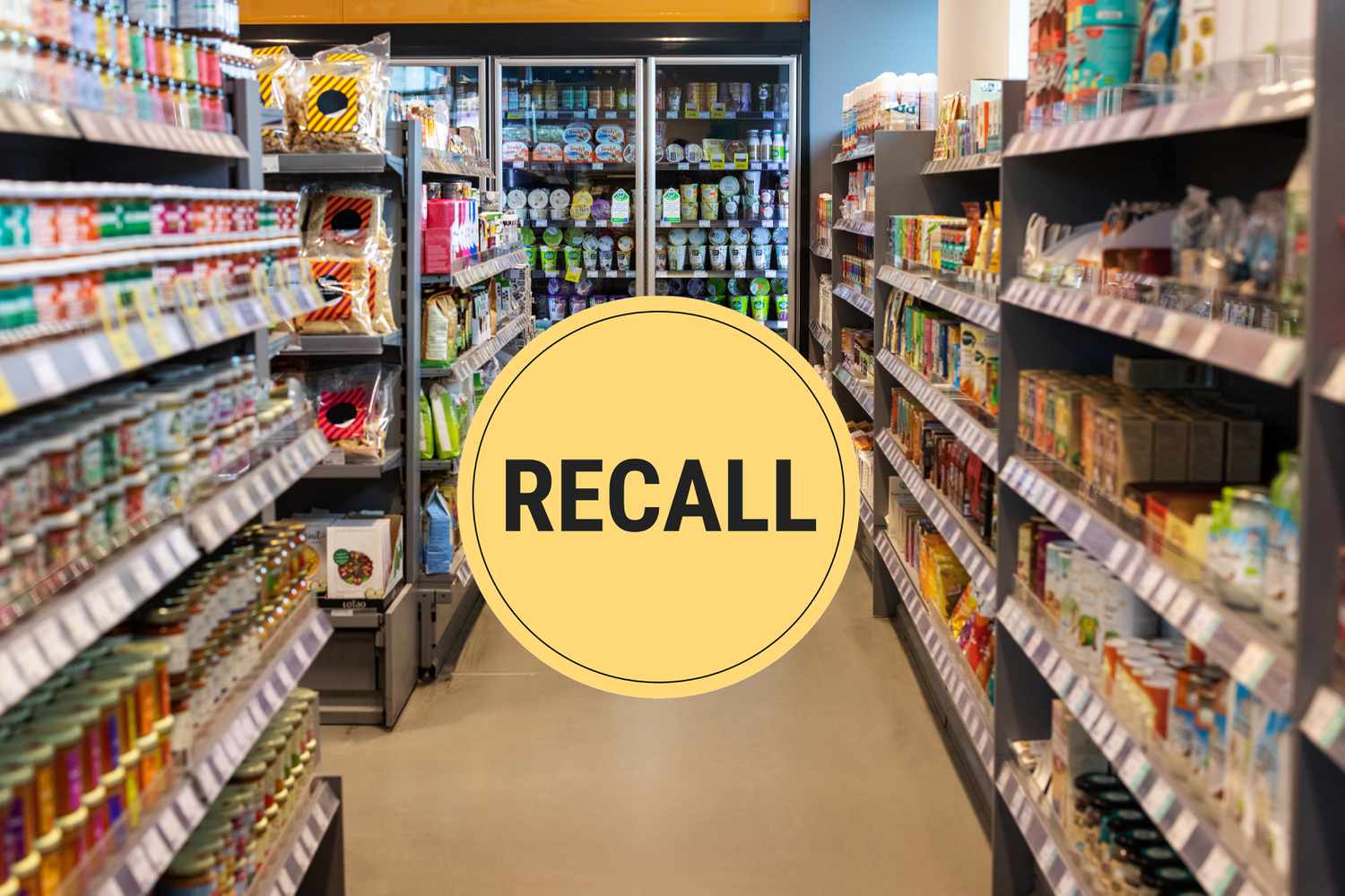 Grocery store aisle with a large 'Recall' sign overlay