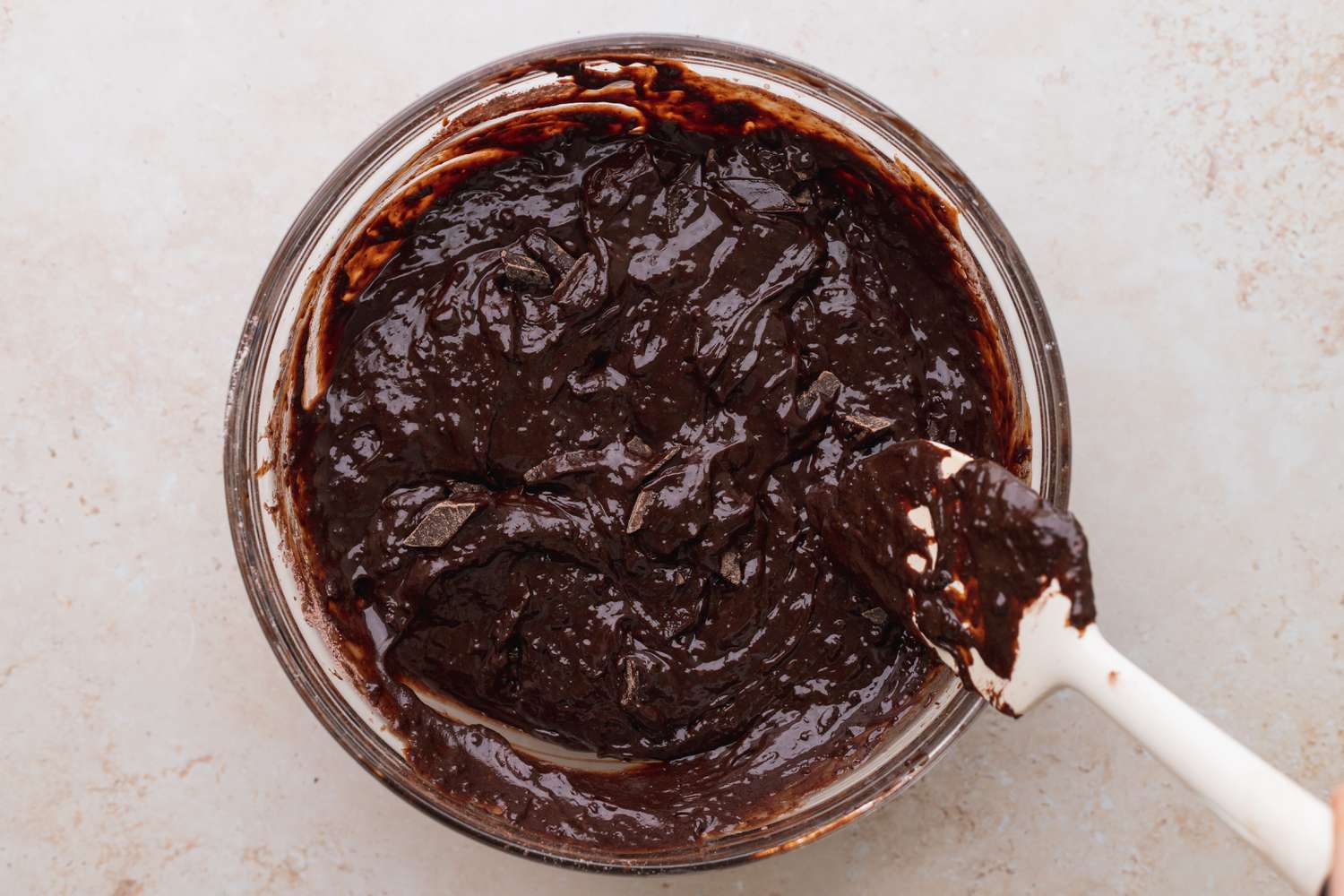 Chocolate batter in bowl. 