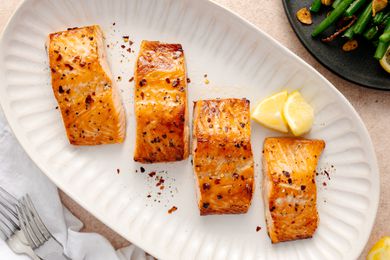 Baked Salmon on a white platter
