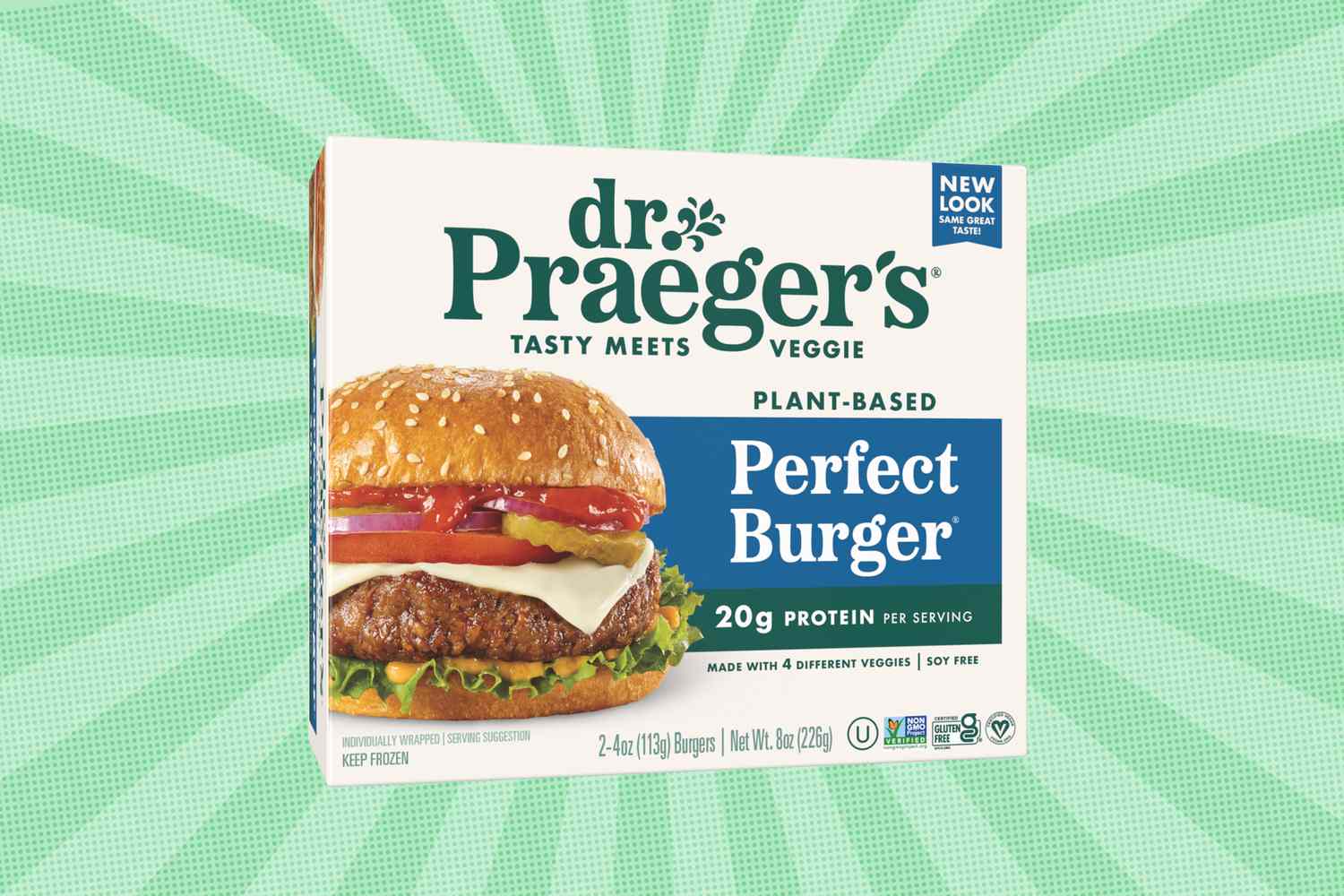 Packaging for Dr. Praeger's Perfect Burger, a plant-based patty with 20g of protein