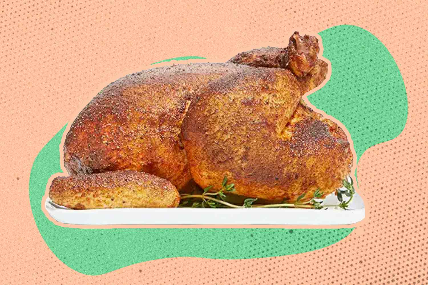 Whole Foods rotisserie chicken on an illustrated background