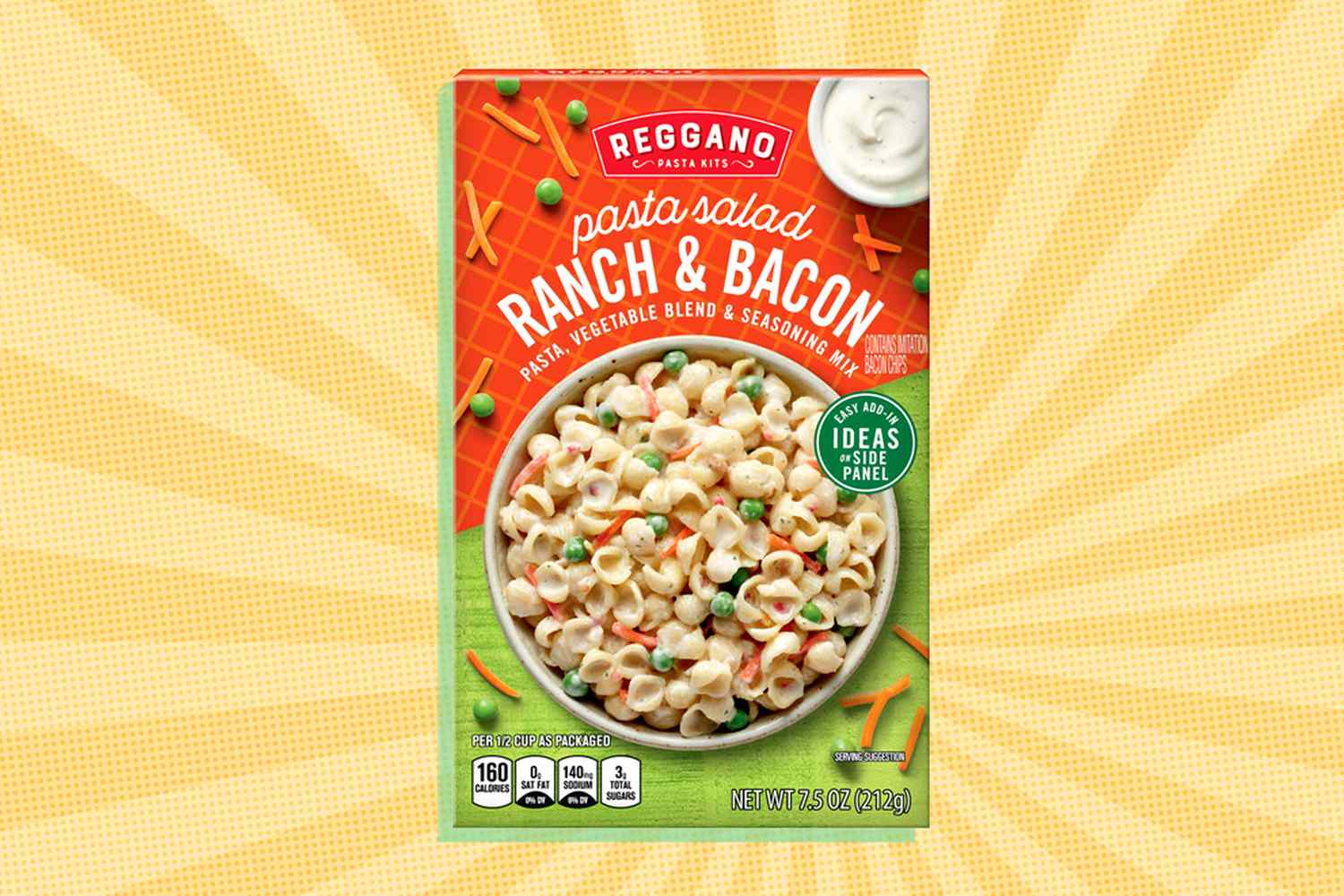 box of Reggano Pasta Salad Ranch & Bacon over a colorful background