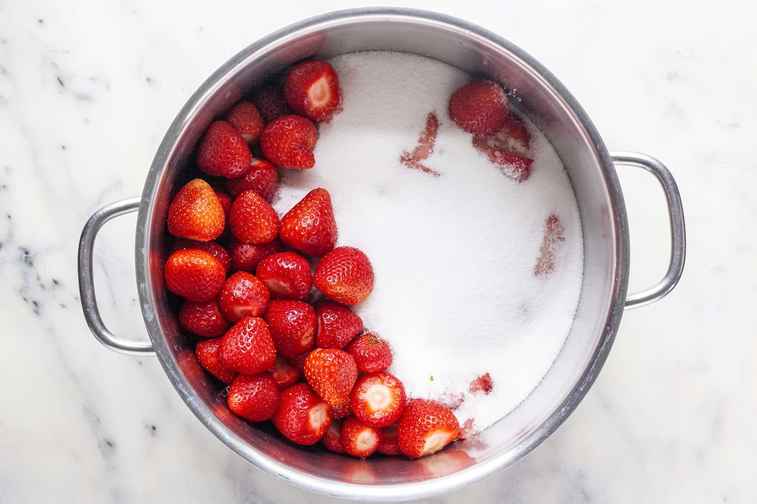 Sugar and Strawberries in Pot for Canning Strawberry Jam Recipe 