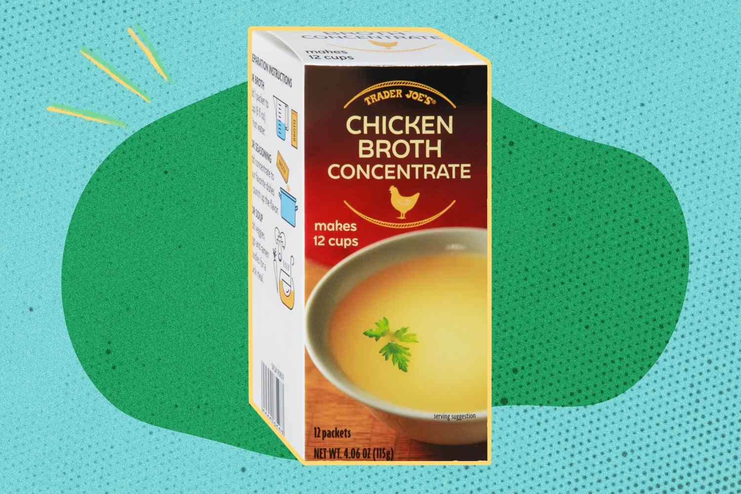 Trader Joes Chicken Broth Concentrate package with a bowl of broth illustration