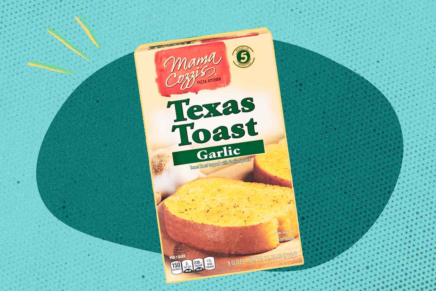 A box of Mama Cozzi's Texas Toast Garlic displayed on a blue background