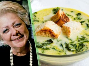 A split image of Marcella Hazan and a bowl of soup
