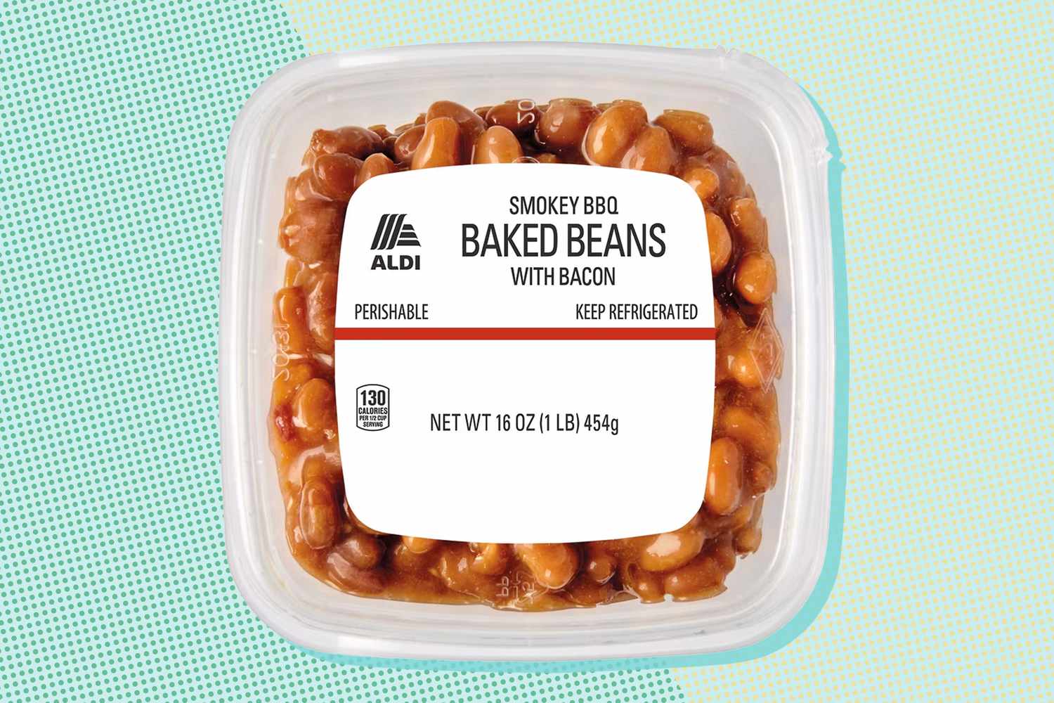 A clear container of Aldi-branded Smokey BBQ Baked Beans with Bacon