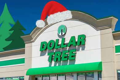 The front of a Dollar Tree store with a giant Santa hat added digitally to the roof holidaythemed design with evergreen trees
