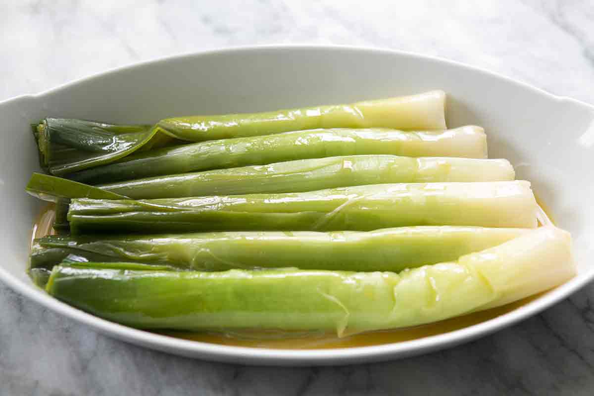 leeks marinating in vinaigrette