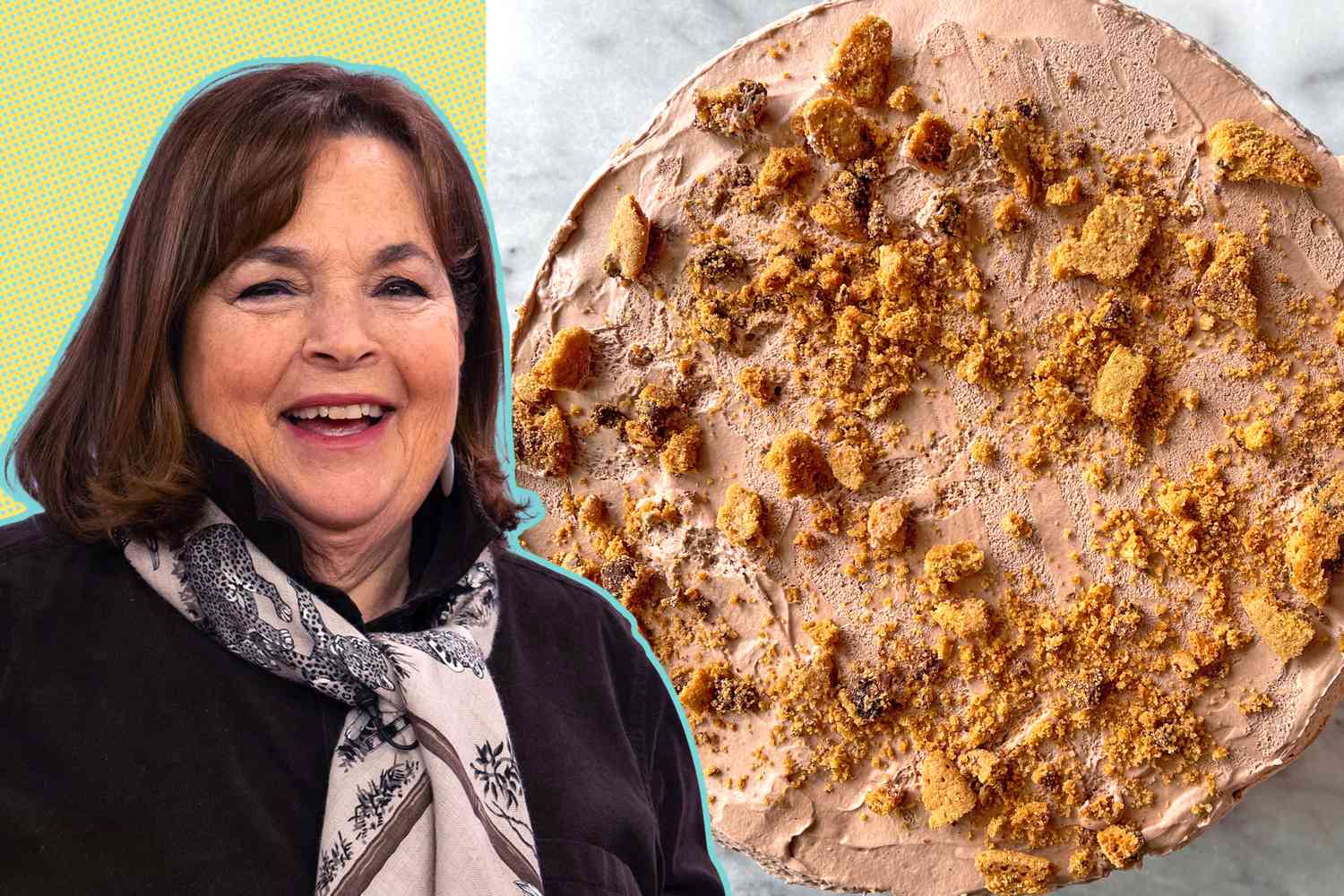 Ina Garten next to a photo of her icebox cake, garnished with crumbled chocolate chip cookies