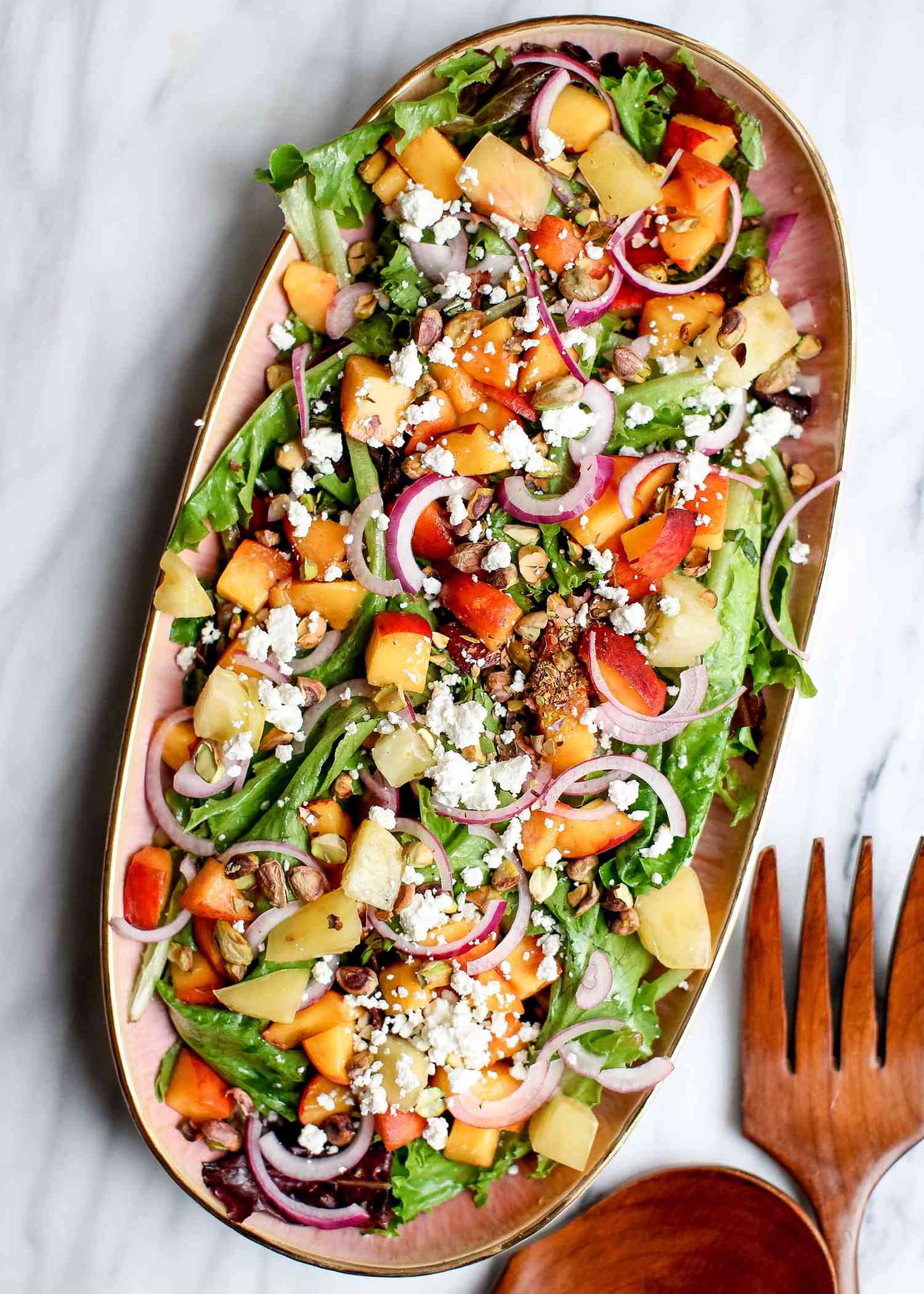 Side salad recipe with peaches, goat cheese, and basil