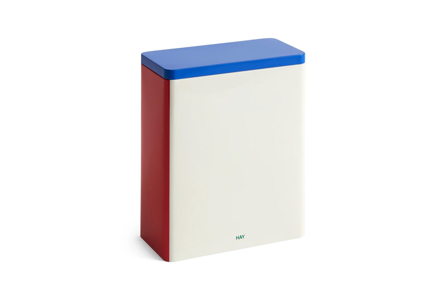 A rectangular container with a blue lid red sides and a white front panel