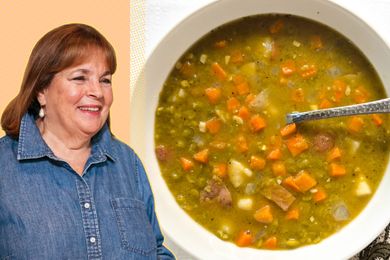 A split image of Ina Garten and a bowl of split pea soup