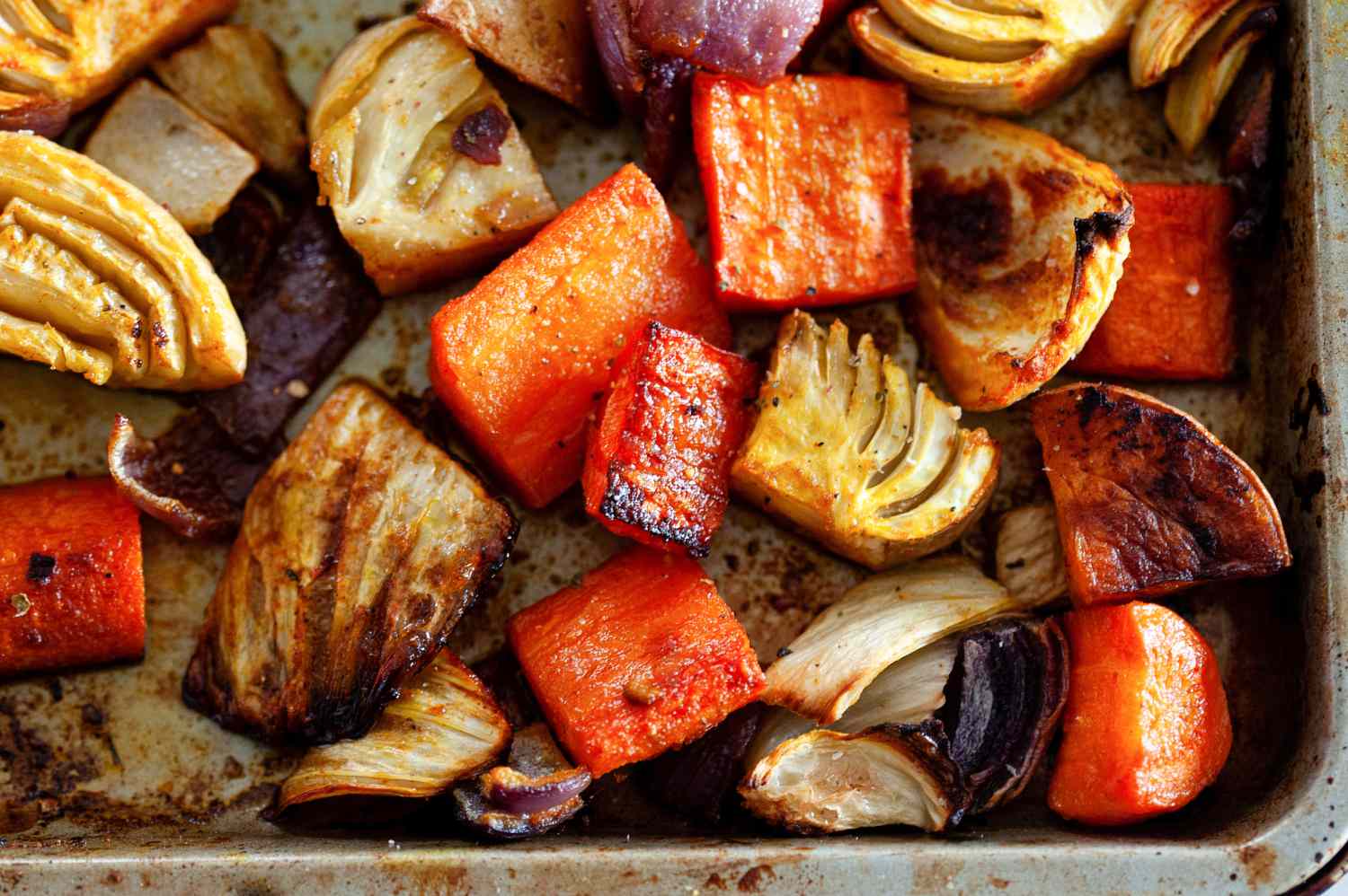 Close-up of a pan of roasted vegetables