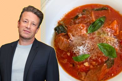 Jamie Oliver alongside a bowl of tomatobased soup with basil garnish