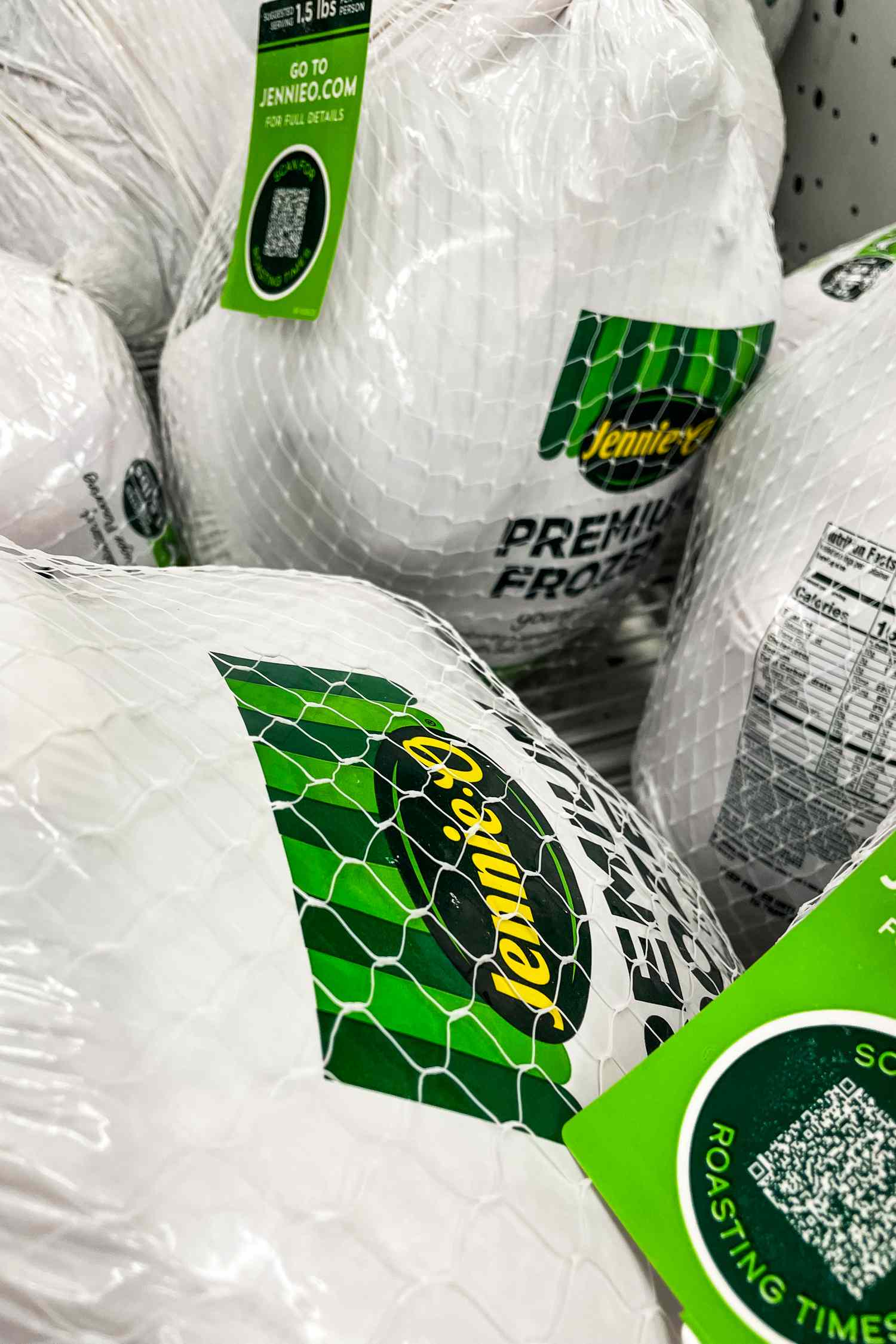 Packaged frozen turkeys displayed in a store