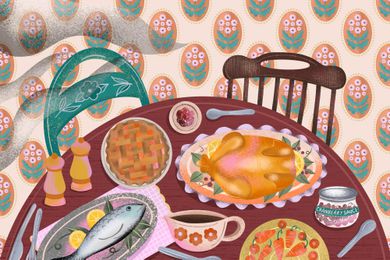 Illustration of a Thanksgiving table, including a plattered Turkey, a whole fish, and a latticed pie