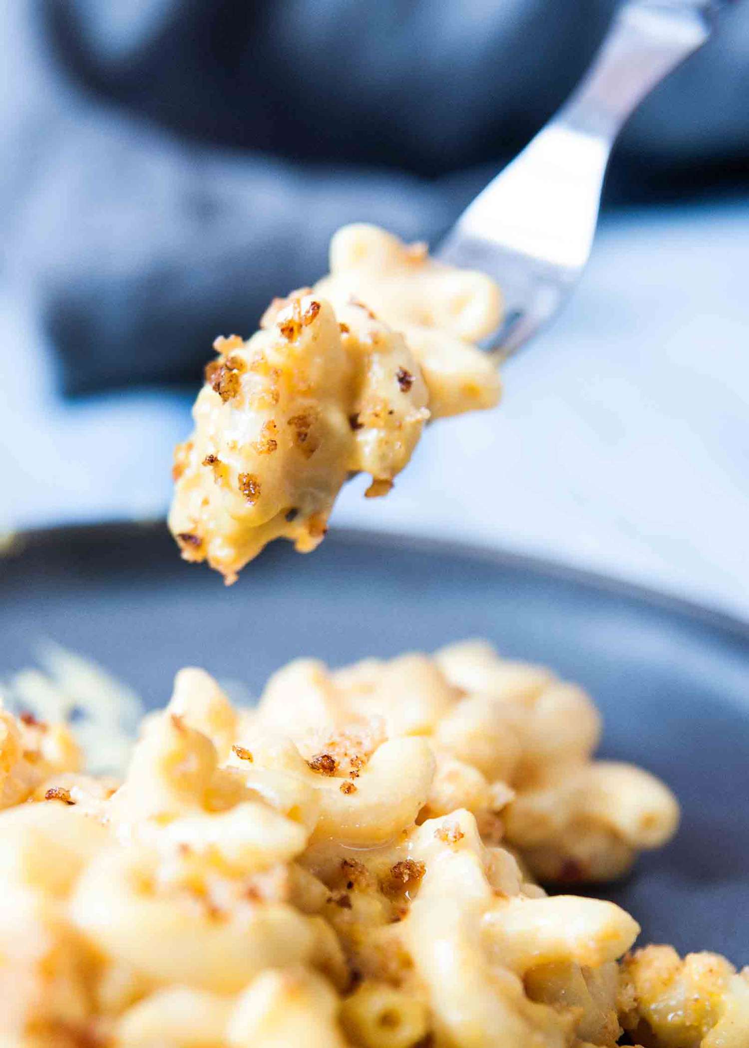 Macaroni and Cheese recipe - forkful of mac and cheese being lifted from a macaroni and cheese on a gray plate