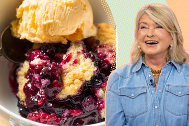 A split image of a blueberry crisp with ice cream in a bowl and Martha Stewart