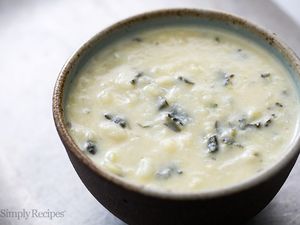 Colcannon Potato Soup in a brown bowl
