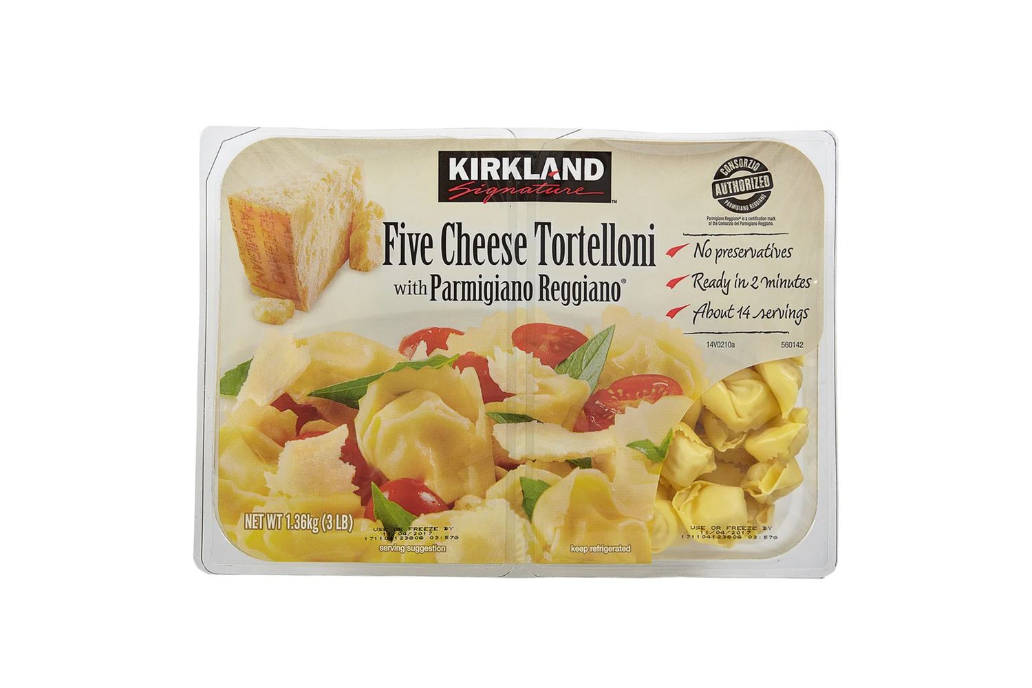 Kirkland Signature Five Cheese Tortelloni packaging on display
