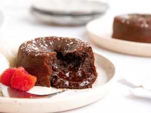 Chocolate molten lava cake on plate. 