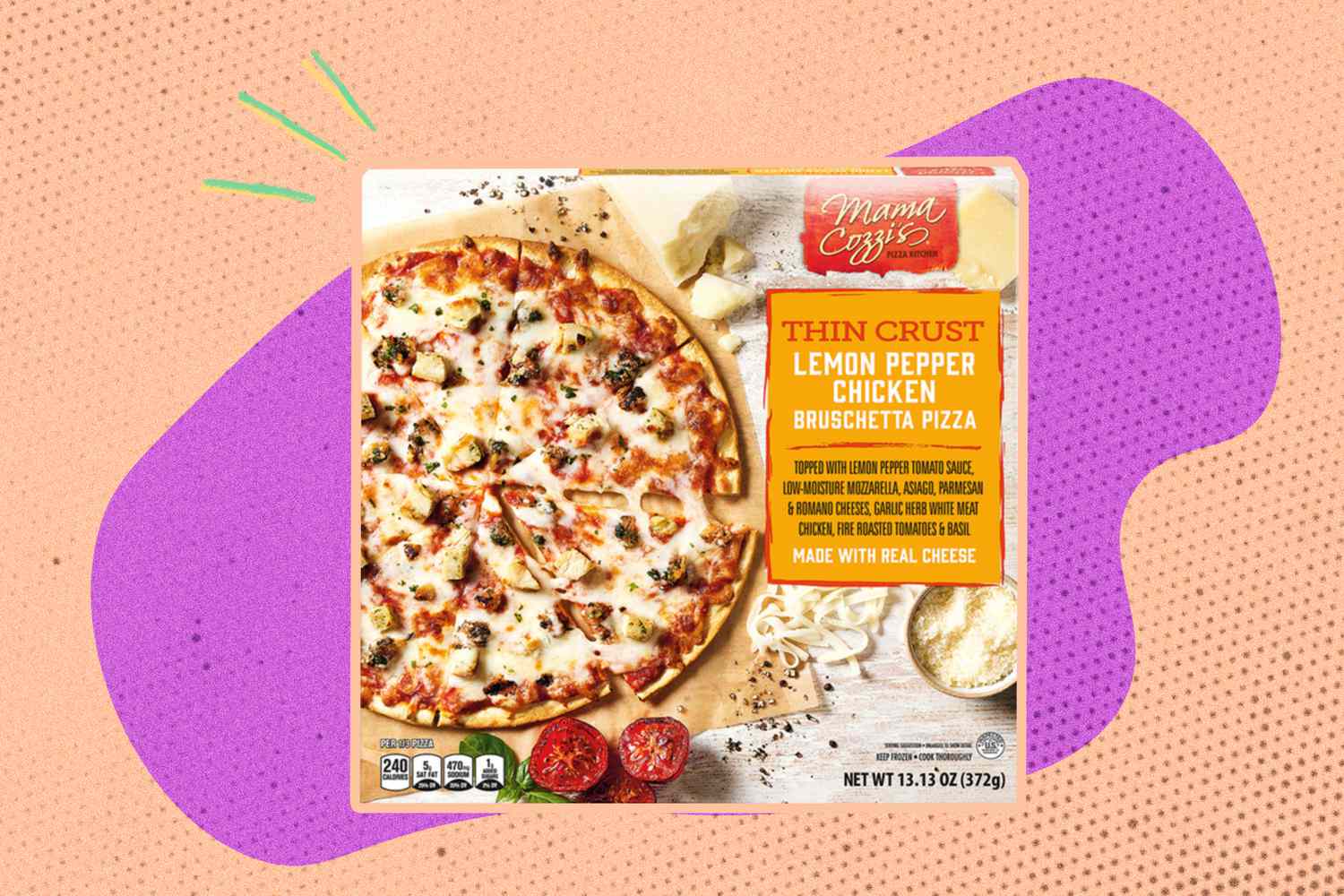 A Mama Cozzi's thin crust lemon pepper chicken bruschetta pizza box