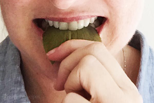 A close-up of a mouth scraping the flesh off a cooked artichoke leaf with their teeth