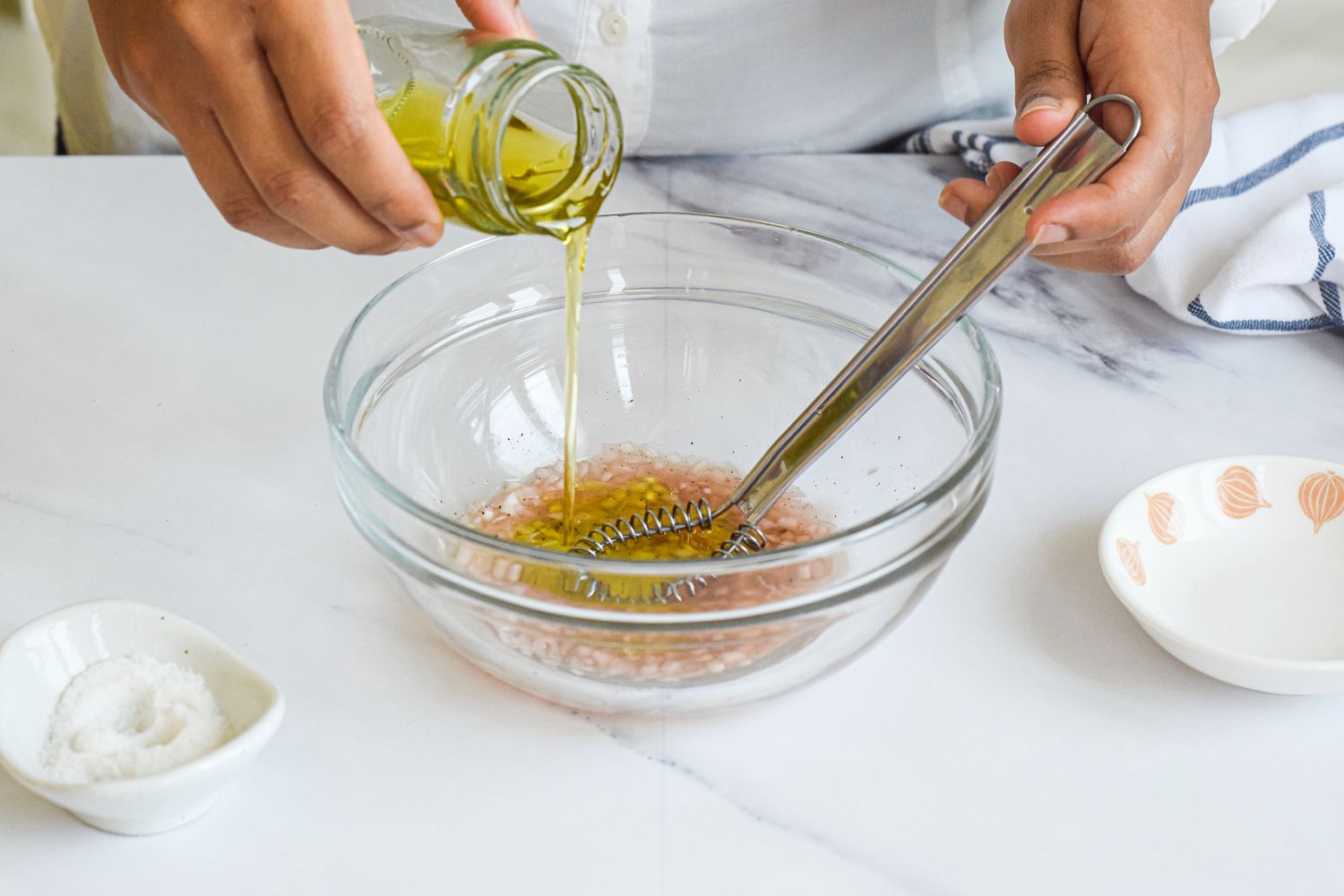 Sherry-Shallot Vinaigrette: Oil to Vinegar Ratio Added to Bowl of Shallots