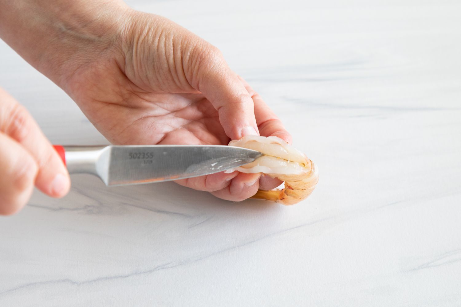 Slicing a shrimp with a knife and showing how to clean a shrimp.