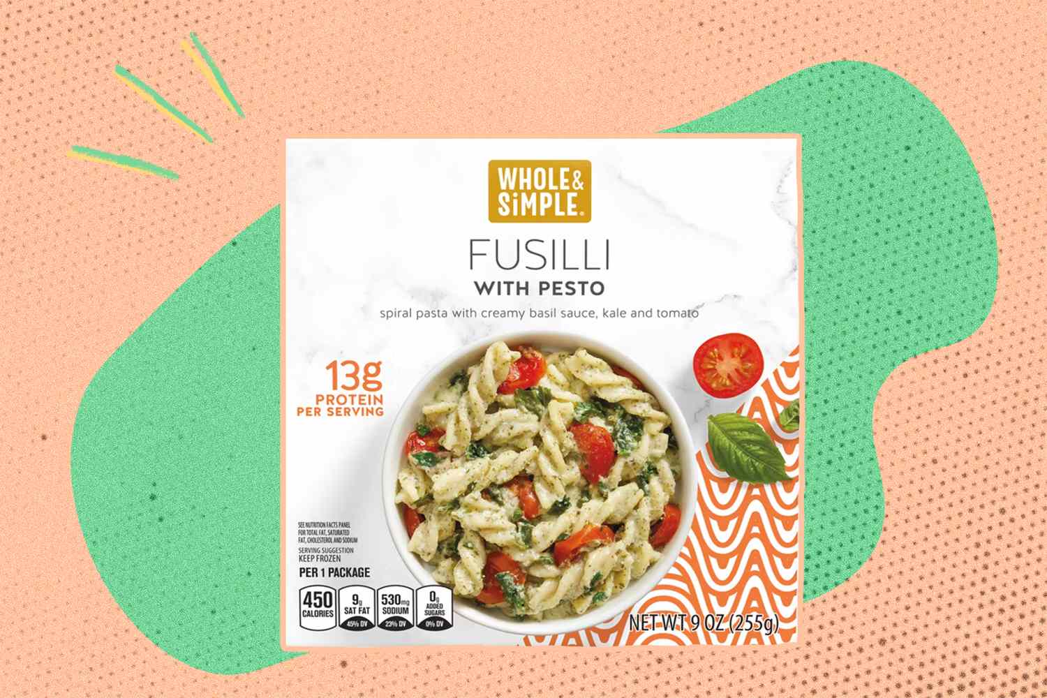 Package of Whole & Simple Fusilli with Pesto meal, branding and product image