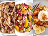 Three photos side by side. On the left is a photo of french toast casserole. The middle photo is Radicchio Salad with Citrus. The photo to the right is Slow Cooker Banana Bread Pudding with caramel sauce, whipped cream and sliced bananas on the side.