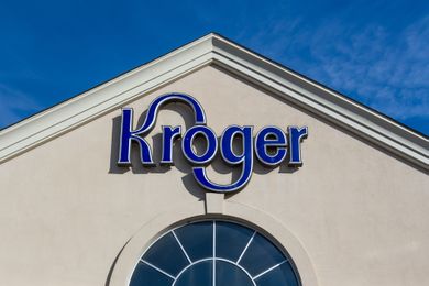 Exterior of a Kroger store with its sign displayed prominently