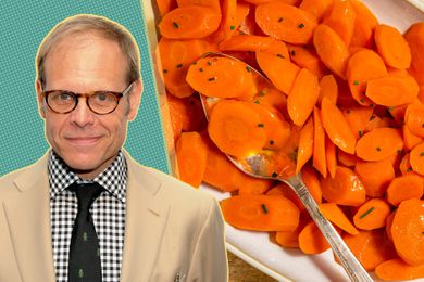 portrait of Alton Brown next to a plate of cooked carrots