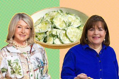 Ina Garten and Martha Stewart with a cucumber salad dish displayed between them