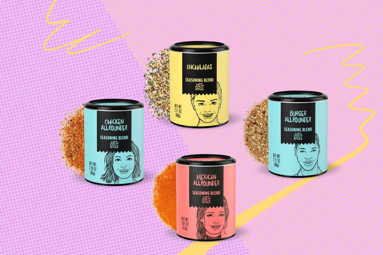Four spice containers labeled Chicken Allrounder Mexican Allrounder Englnder and Burger Allrounder with illustrated faces on them