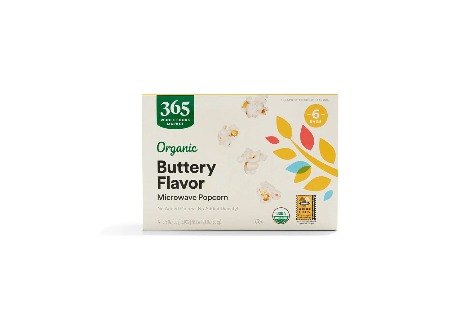 Photo of a package of 365 Whole Food Market Organic Buttery Flavor Microwave Popcorn on a white background