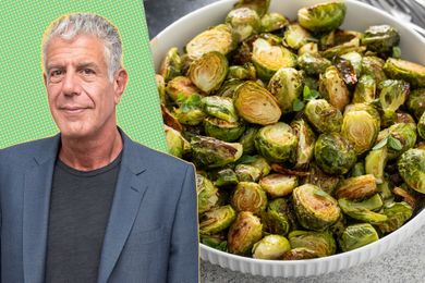 A split image of Anthony Bourdain and a bowl of Brussels sprouts