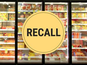 Frozen food section with a circle reading Recall overlayed on the image emphasizing the subject of food product recalls